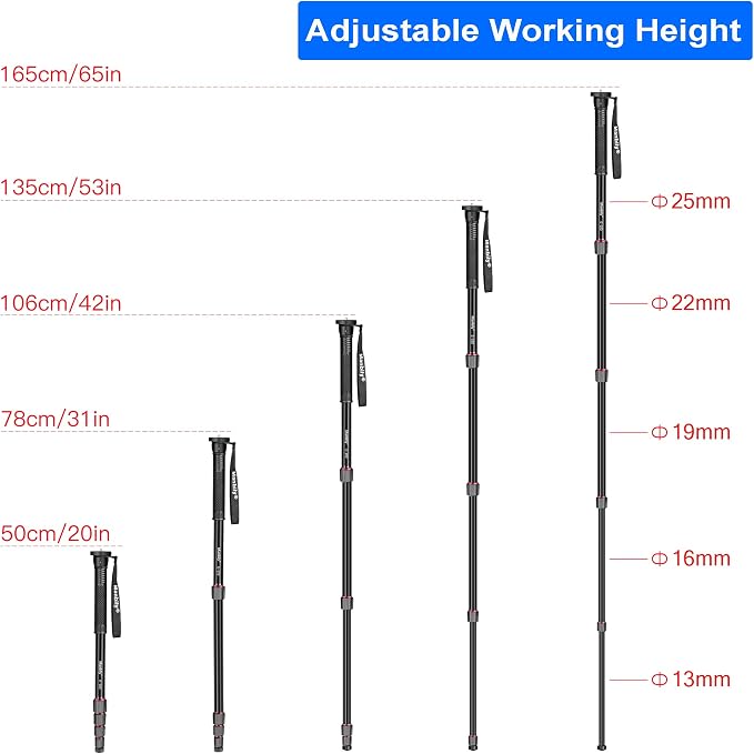 Manbily 65-Inch Camera Monopod, 5 Sections Aluminum Travel Monopod