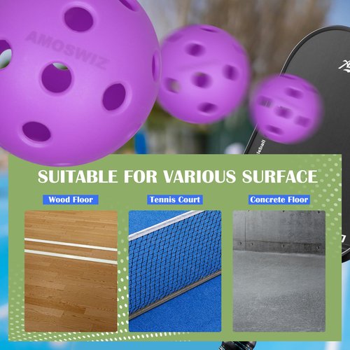 Amoswiz Indoor Pickleball Balls, 6 Pack of 26 Holes Pickleballs, USAPA Approved Indoor Pickleballs Set, High Visibility Durable Pickle Balls for Training and Tournament, Purple