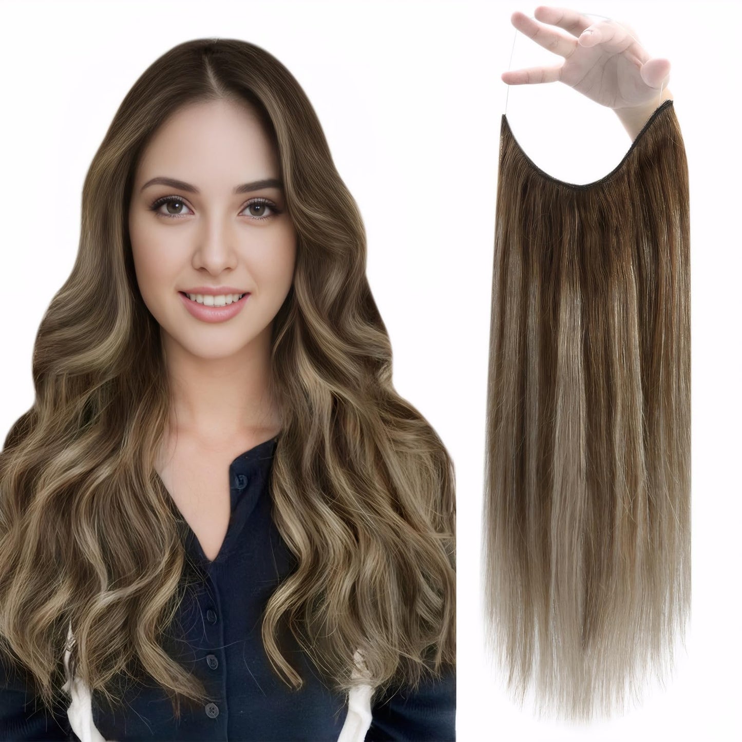 Fshine Fish Line Hair Extensions Brown Balayage Human Hair Extensions 12 Inch 70 Grams Short Remy Hair Realistic Fish Wire Hair