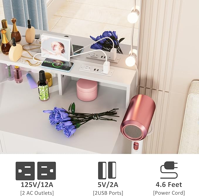 Makeup Vanity with Lighted Mirror & Power Outlet, Makeup Table Vanity Set with 3 Lighting Colors, Brightness Adjustable, White