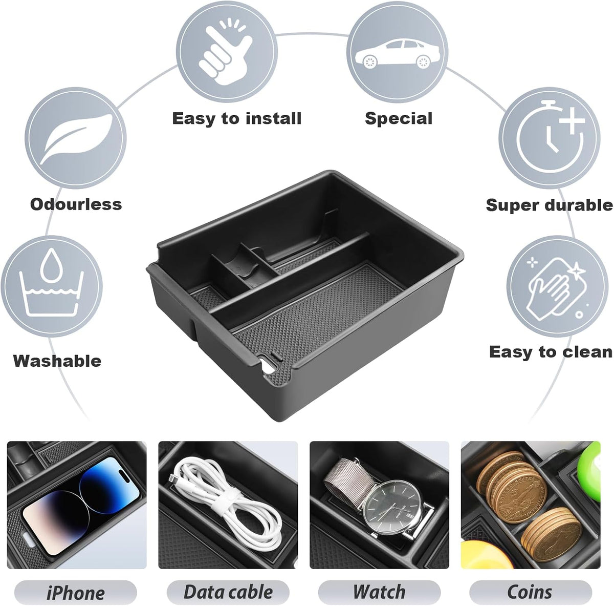 SKTU for 2025 2026 Hyundai Tucson Center Console Organizer for 2025 2026 Hyundai Tucson (SE/SEL/XRT) Console Tray 2025 2026 Tucson Accessories Insert ABS Armrest Storage Box with Coin Holder (Black)