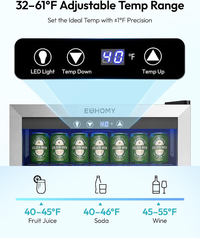 EUHOMY 4.5 Cu.ft Beverage Refrigerator and Cooler, 145 Can Mini fridge with Glass Door for Soda Beer Wine, Small Drink Dispenser with Digital Adjustable Thermostat for Home Office Bar