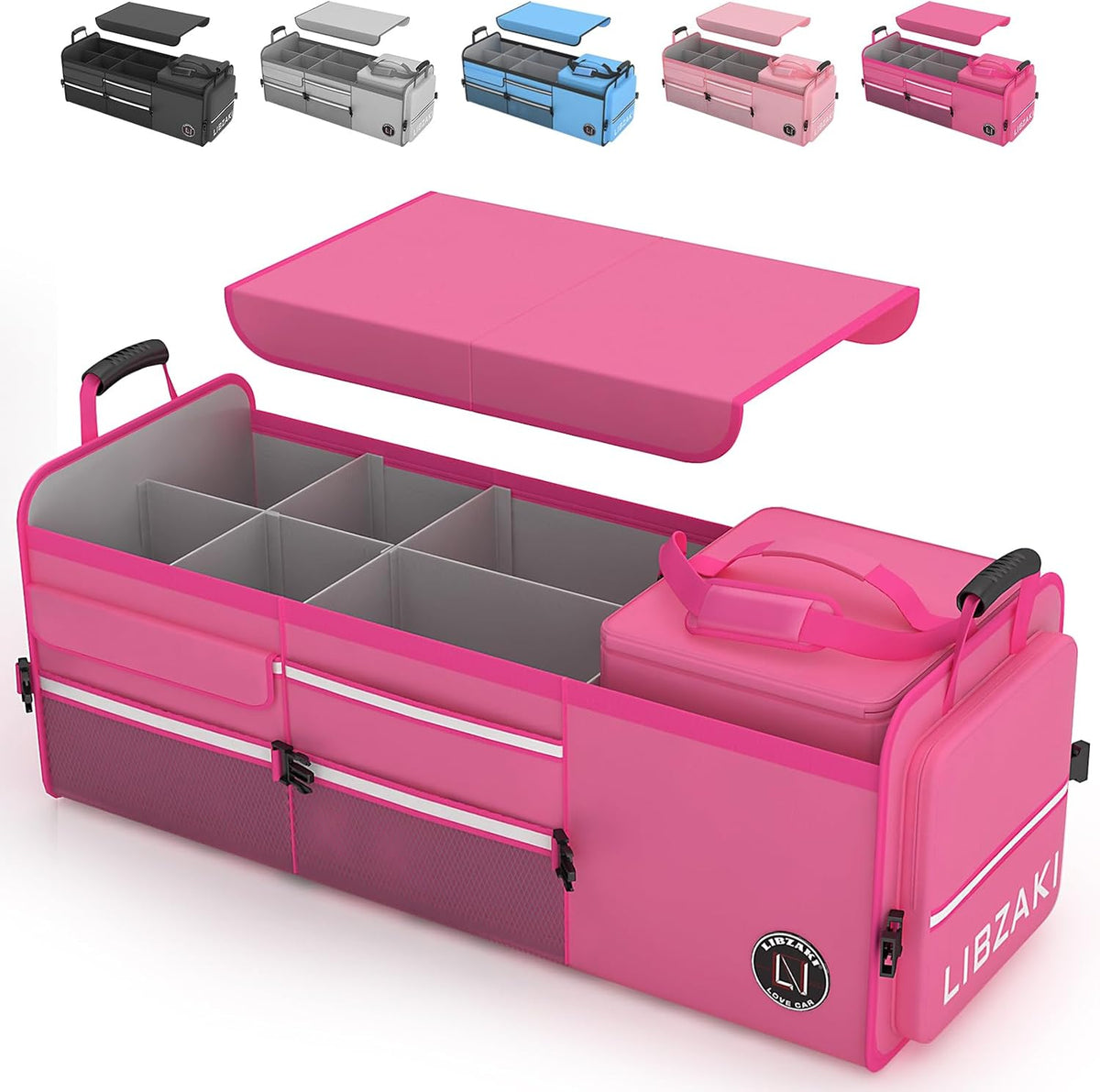 LIBZAKI Oversize 4 in 1 Car Trunk Storage Organizer, Multi Compartment Collapsible Trunk Storage Box with Cooler Bag for Car Truck SUV-Pink