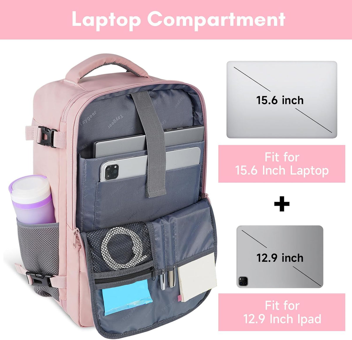Taygeer Travel Backpack - Women’s Carry-On with Water Bottle Pocket & Shoe Pouch - 15.6" Laptop, Pink