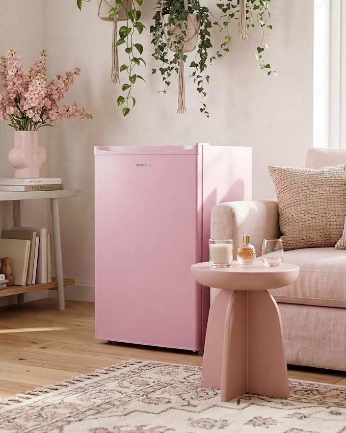 Upstreman 3.2 Cu.Ft Mini Fridge with Freezer, Pink-BR321 | Adjustable Thermostat, Energy Saving, Low Noise, Reversible Door, Small Refrigerator for Dorm, Bedroom, Office