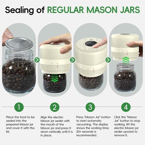 Mason Jar Vacuum Sealer Kit - Electric Sealer for Wide & Regular Mouth Lids | Automatic Food Storage Machine - Ivory