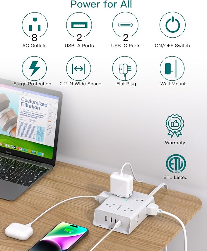 15FT Flat Plug Extension Cord with Multiple Outlets, Surge Protector Power Strip with 8 Outlets 4 USB Ports (2 USB C), Multi Outlet Wall Plug for Home Office College Dorm Room Essentials