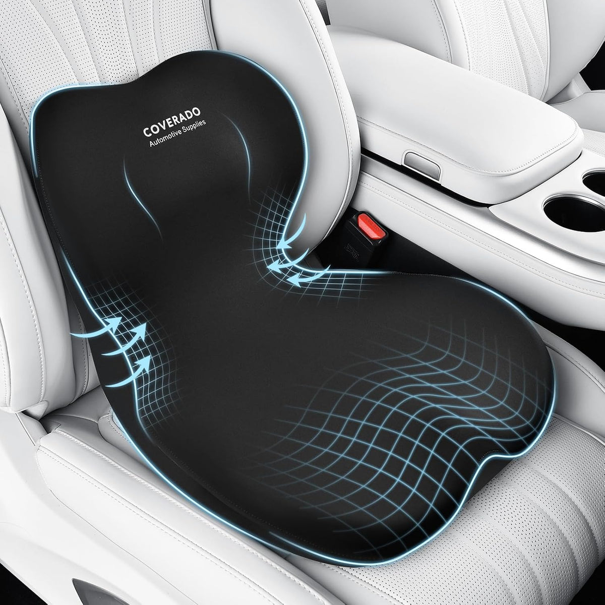 Coverado [Upgraded] Car Seat Cushion and Lumbar Support Pillow One Piece, Memory Foam Ergonomic Back Support Driving Seat Cushion for Back Pain, Non-Slip Washable Cushion for Car, Driver, Office