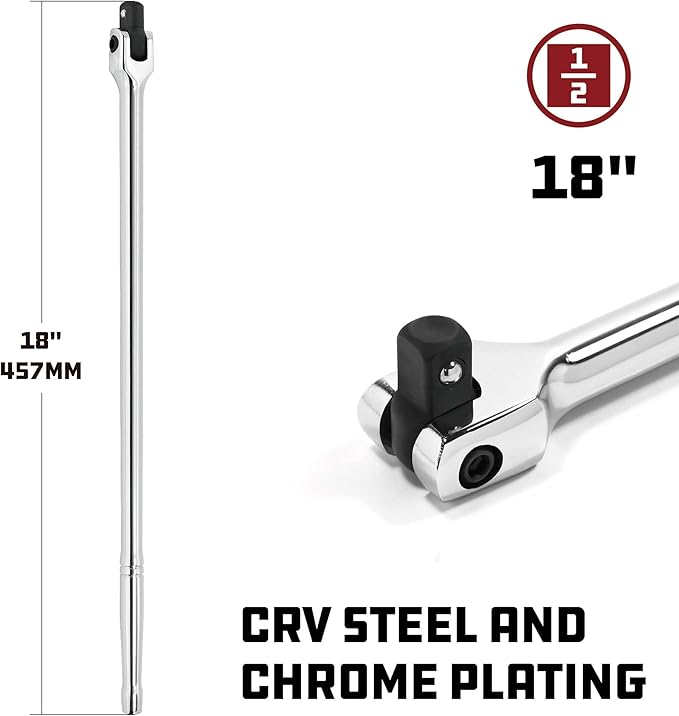Powerbuilt Flex Head 1/2 Inch Drive Breaker Bar Extension, 18 Inches Long Extension, Rotating 180 Degree, Tight Spaces, Optimized Leverage and Torque - 640853