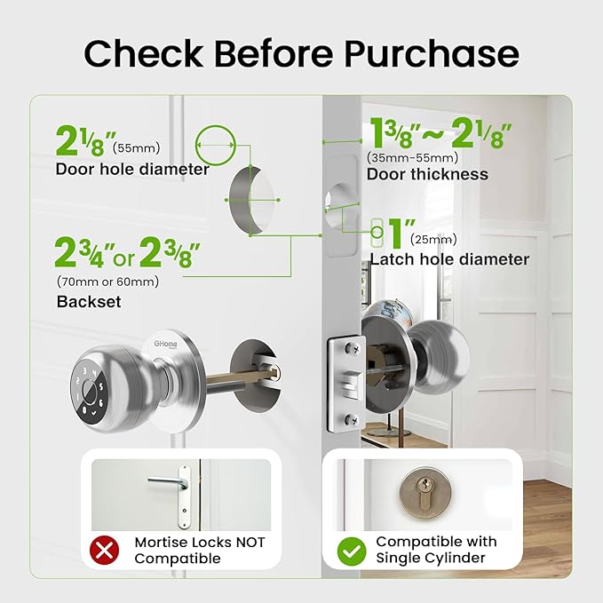 GHome Smart Fingerprint Door Lock, 4 in 1 Smart Fingerprint Door Knob with Keypad, App Control, Auto Lock, Biometric Door Knob with Lock for Bedroom, Apartment, Garage, Home & Office