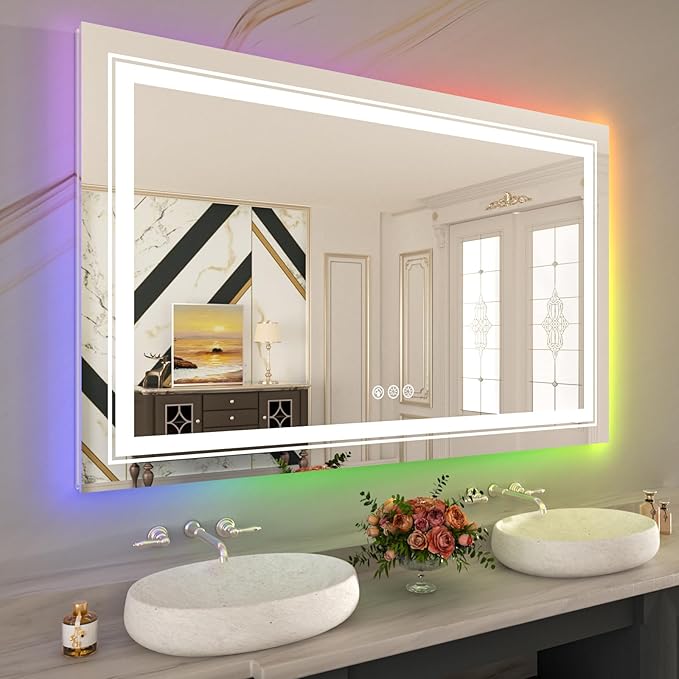 WTTY LED Bathroom Mirror 48"x40" with RGB Backlit and Front Light,Stepless Dimmable LED Mirror for Bathroom,Colored Lighted Bathroom Vanity Mirror,Anti-Fog,Memory Function,Shatter-Proof