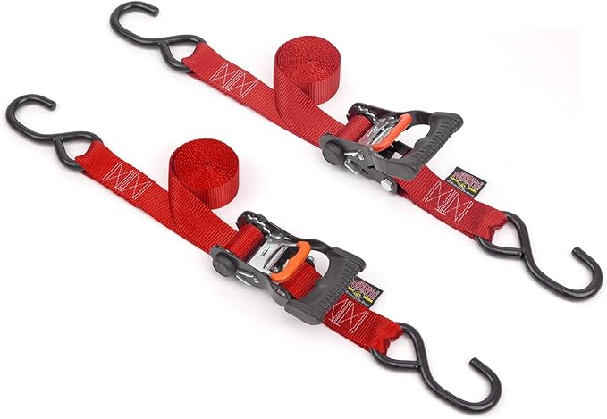 PowerTye 1.5in x 7ft Ergonomic Locking Ratchet Straps with Heavy-Duty S-Hooks - Made in USA - 1,000 lb. Working Load Limit / 3,000 lb. Breaking Strength - Red (Pair)