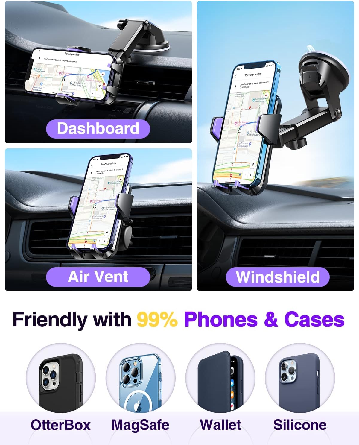 VANMASS【85+LBS Strongest Suction & Military-Grade Ultimate Car Phone Mount【Patent & Safety Certs】 Cell Phone Holder for Dash Windshield Vent for iPhone 17 Pro Max Automobile Interior Sets, Purple