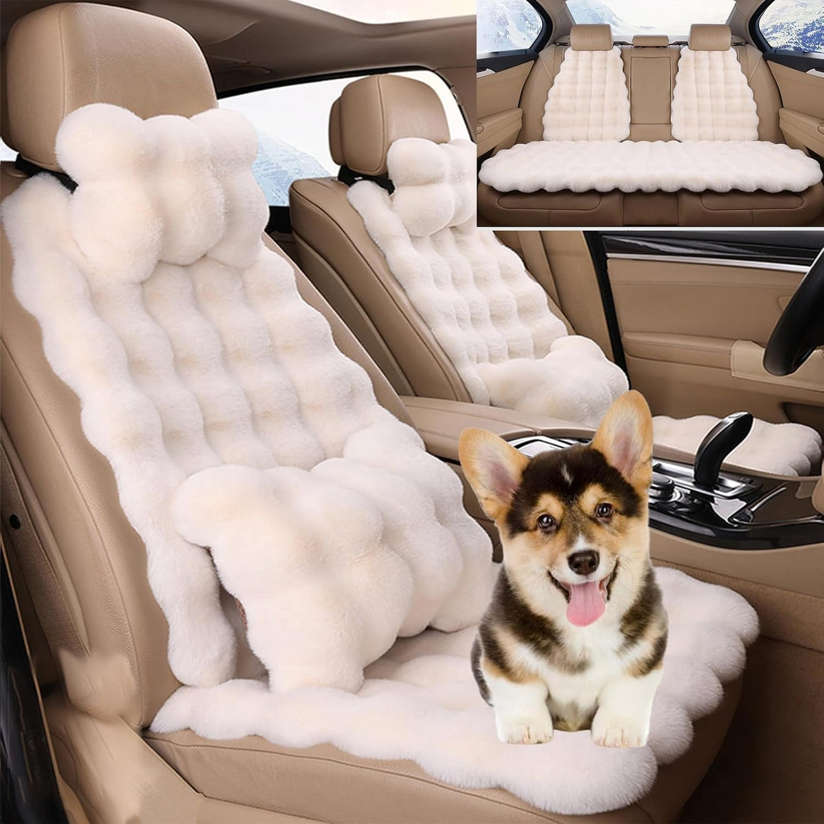 Luxury Thickened Plush Car Seat Cushion Set,Soft Fluffy Protector Warm Faux Rabbit Fur Non-Slip Front and Back Seat Covers (Pink,6pcs)