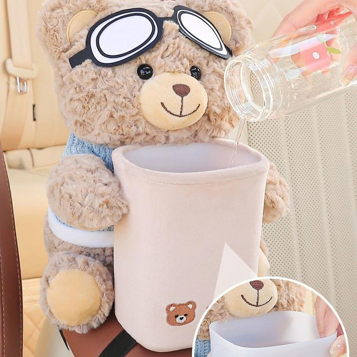 Cute Bear Plush Car Tissue Holder and Trash Can, 2-in-1 Cartoon Bear Car Tissue Box Design with Aviator Goggles, Waterproof, Beige, 25x22x28cm