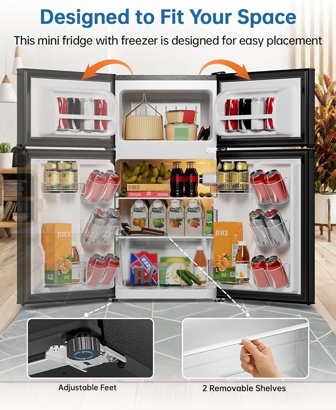 3.2 Cu Ft Mini Fridge with Freezer, Double Door Upright Freezer | Energy Efficient, Glass Shelves, Interior Light, ETL Certified, Compact Small Refrigerator for Bedroom, Office & Dorm, Black
