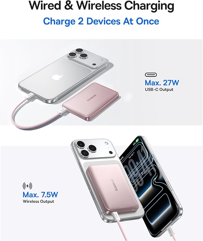 Baseus Picogo Power Bank, 0.5" Ultra Slim 10000mAh MagSafe Portable Charger, 27W Fast Charging Magnetic Battery Pack, Upgraded Polished Alloy Wireless Charger for iPhone 17 Pro Max/Air/16/15/14/13/12