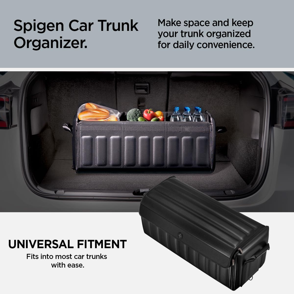 Spigen Collapsible Trunk Organizer with Lid for Tesla Model Y Juniper L, Model 3/Y/S/X, Cybertruck & All Cars – Heavy Duty Foldable, Black