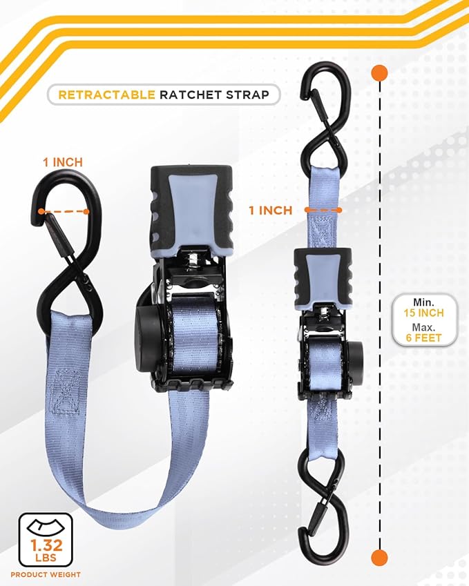 Strapinno 4pcs Retractable Ratchet Straps Bundle 1in x 6ft Ratchet Tie Down with Rubber Coated Steel Handle, S Hooks, Breaking Strength 1500 lbs Each (Grey)