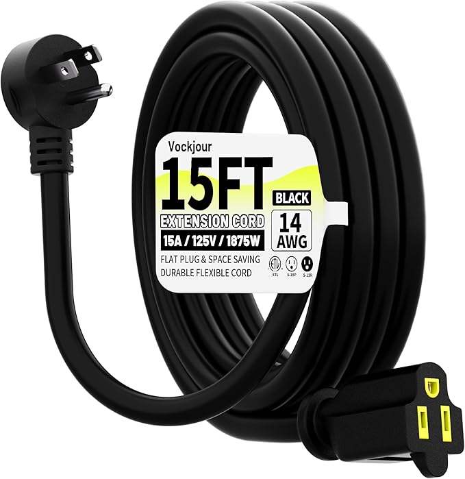 Vockjour 15 FT Black Low Profile Flat Plug 14 Gauge Heavy Duty Extension Cord, 14AWG 3-Wire Grounded Appliance Extension Cord, 15A/125V/1875W SJTW ETL Listed Power Cord