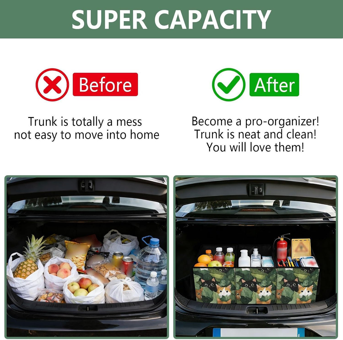 Trunk Organizer Collapsible Car Organizer with Handle Car Storage Box Bin for Groceries SUV Utility Tote Bag Portable Vehicle Container Cats and Dense Leaves
