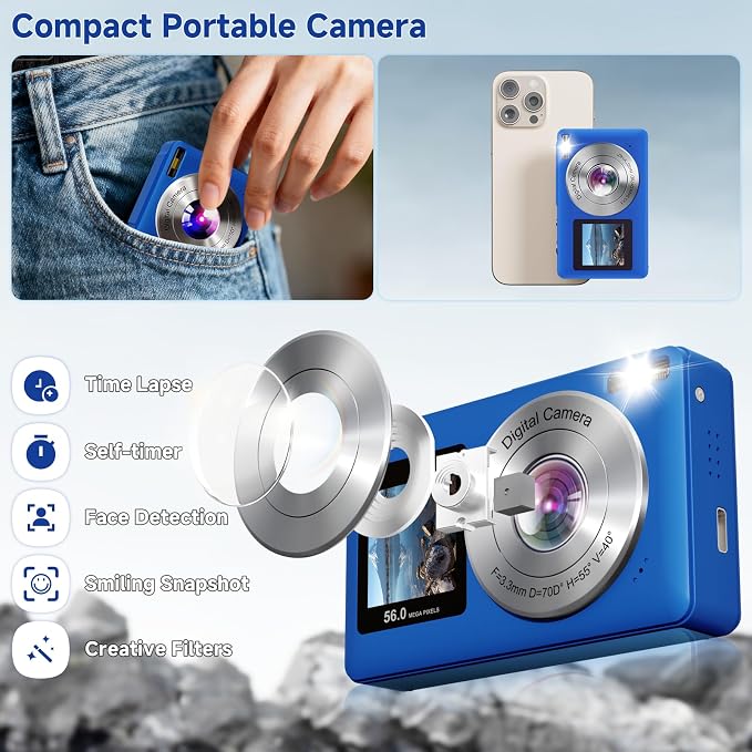 Digital Camera, 56MP 2.7K Dual-Screen Selfie Camera