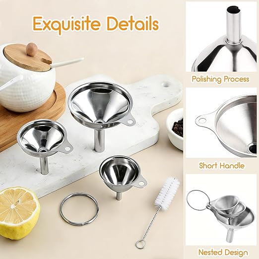 Small Funnels for Filling Bottles, 3 Pcs Stainless Steel Kitchen Funnel Set, Food Grade Mini Metal Funnel for Transferring Oil Liquid, Easy Cleaning with a Brush (Short Handle)