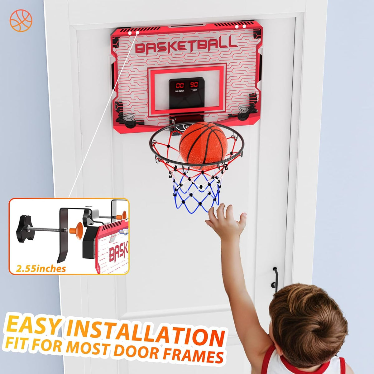 Skiennix Indoor Mini Basketball Hoop - Over The Door with LED Lights & Sound Effects | Includes 3 Balls, Perfect Sports Gift for Kids Ages 6-12