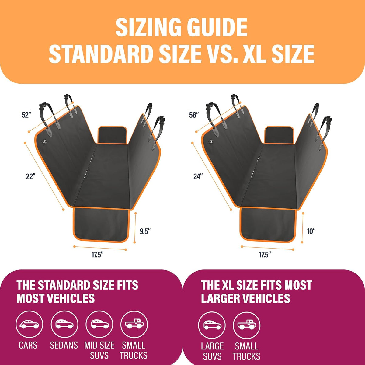 Active Pets Waterproof Hammock Standard Car Seat Cover, Fits Sedans Hatchbacks Crossovers Coupes Compact Vehicles, Secure Convertible Travel Bed Protects Backseat Cargo from Dogs, Black w/Orange Trim