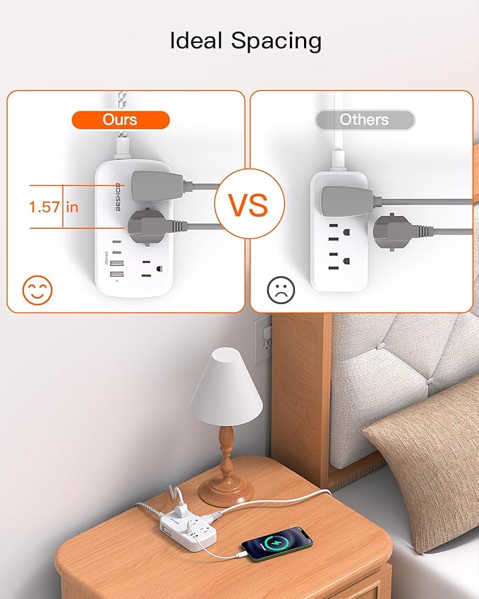 Extension Cord 25 Ft, Flat Plug Power Strip with 6 Outlets with 4 USB Ports(2 USB C), Wall Mount Charging Station, No Surge Protector for Home Office College Dorm Room Travel Essentials