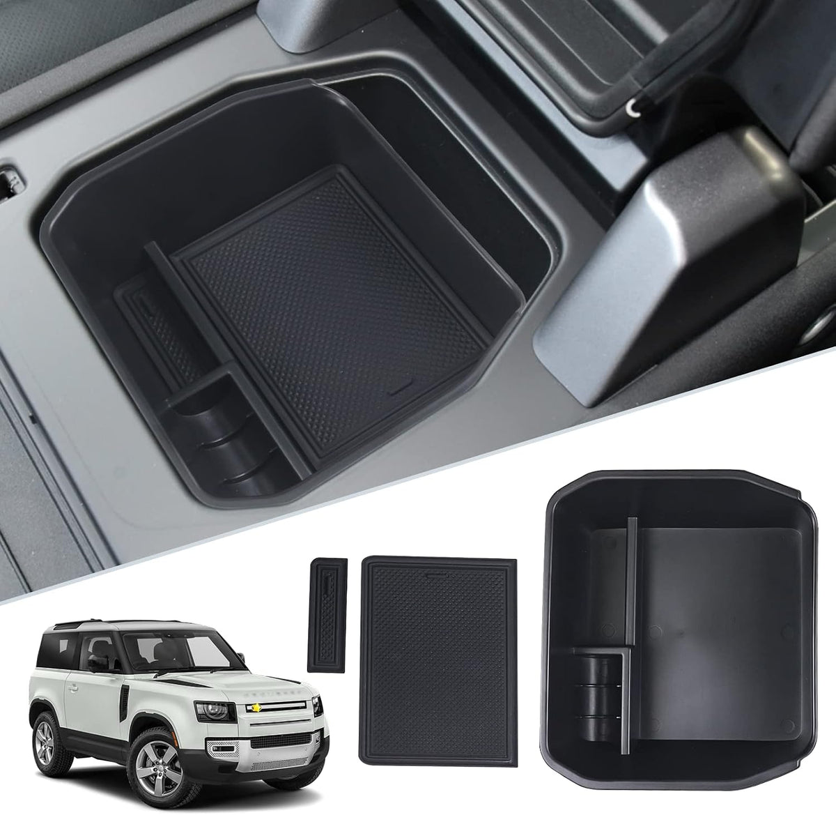 SKTU Compatible with 2020-2024 2025 Land Rover Defender Center Console Organizer 2023 2024 2025 Defender Accessories 2024 2025 Defender Console Tray Armrest Insert ABS Black Materials Storage Box