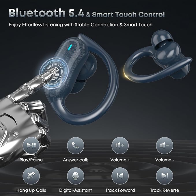 TRAUSI Wireless Earbuds Bluetooth Headphones, 54H Playtime Stereo Over Ear Buds with ENC Noise Cancelling, LED Power Display, IPX7 Waterproof Sport Earphones wih Earhooks for Running/Workouts Blue