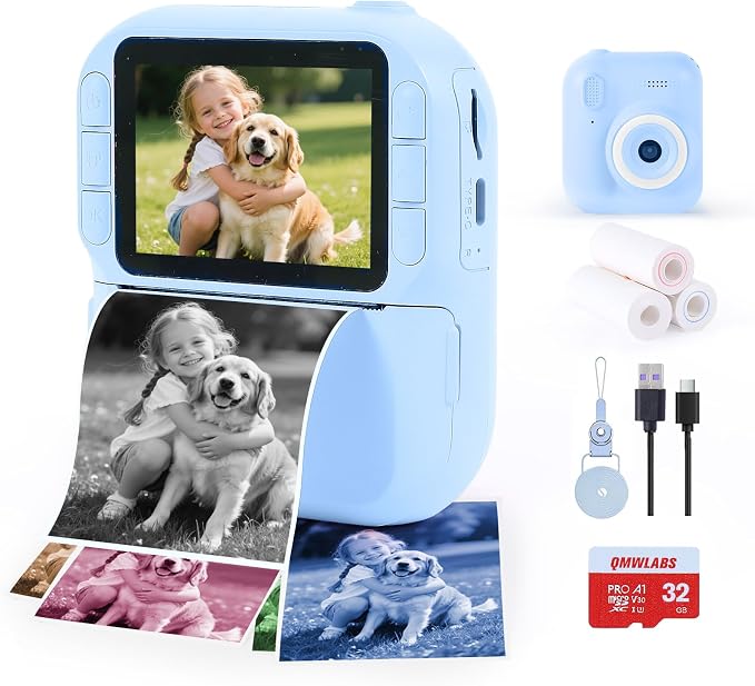 Kids Camera Instant Print with Color & Black-White Printing, 1080P HD Digital