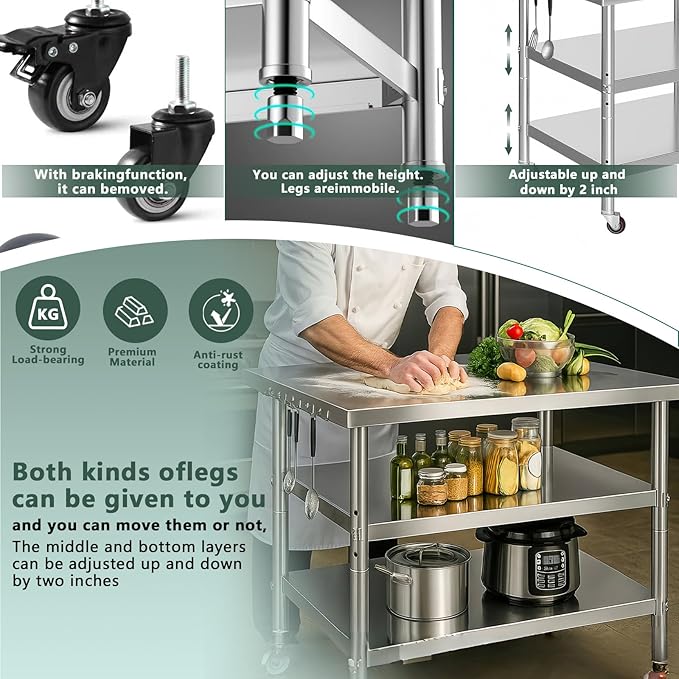 Stainless Steel Table with Wheels for Food Preparation and Work, Multi-Size Optional, Three-Layer Variable Two-Layer Metal Commercial Workbench Outdoor, Restaurant, Kitchen (72" Lx32 Wx34 H)