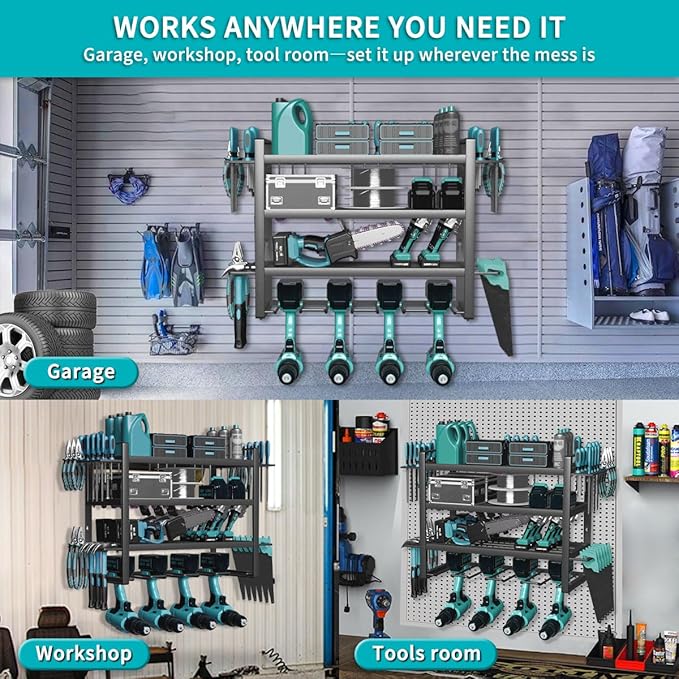 Power Tool Organizer Wall Mount Loads 200lbs, 4 Layers Heavy Duty Tool Organizers and Storage, Cordless Tool Rack with 4 Drills Holder, for Garage Workshop Shed Tool Room Garden