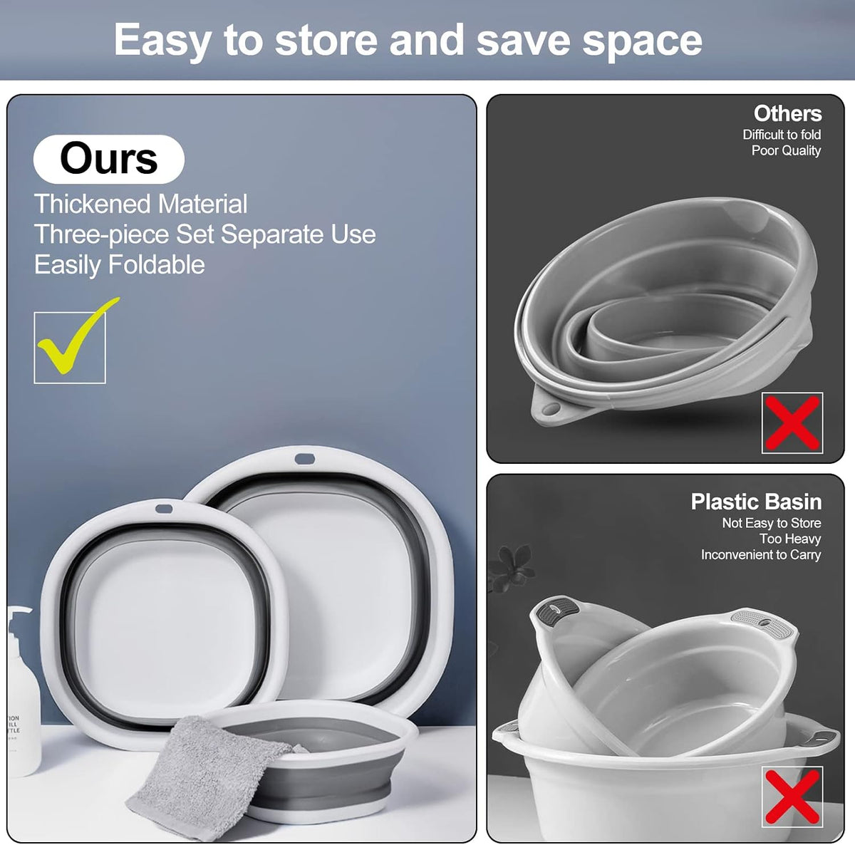 Collapsible Tub Wash Basin Laundry Tub 3 Pack Collapsible Laundry Baskets Foldable Dish Tub Plastic Washtub Space Saving Storage Container for Dishing, Fruit, Camping, Laundry, Hiking & Home (Grey)