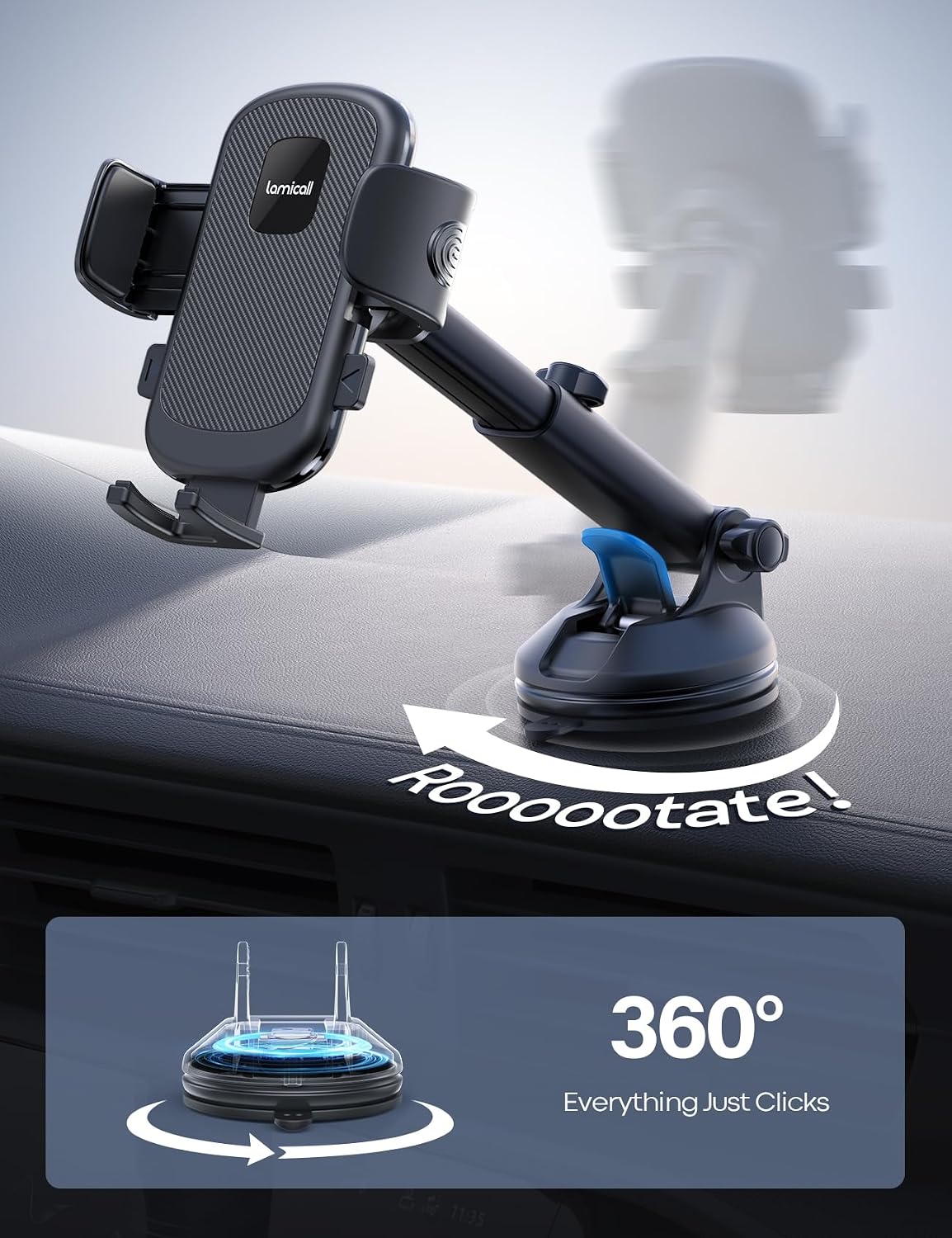 Lamicall Car Phone Holder Military-Grade Suction Cup Dashboard Windshield