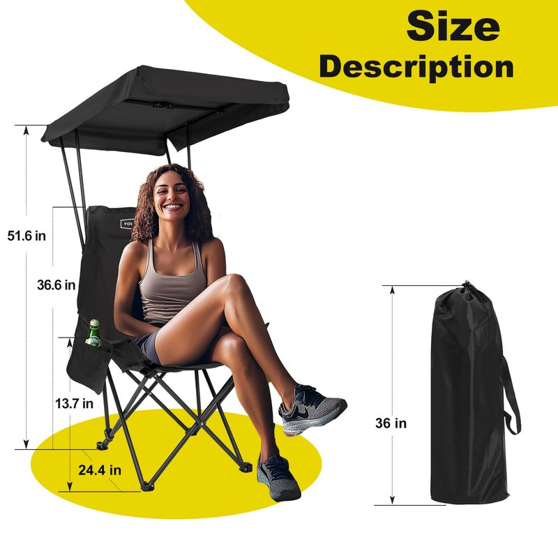 YOUNG WOOD Portable Camping Chair Beach Chair with Shade Canopy, Fold Lightweight Oversized for All, Easy to Open and Close Without Installation, Side Pocket Design for All Outdoor Activities, Black