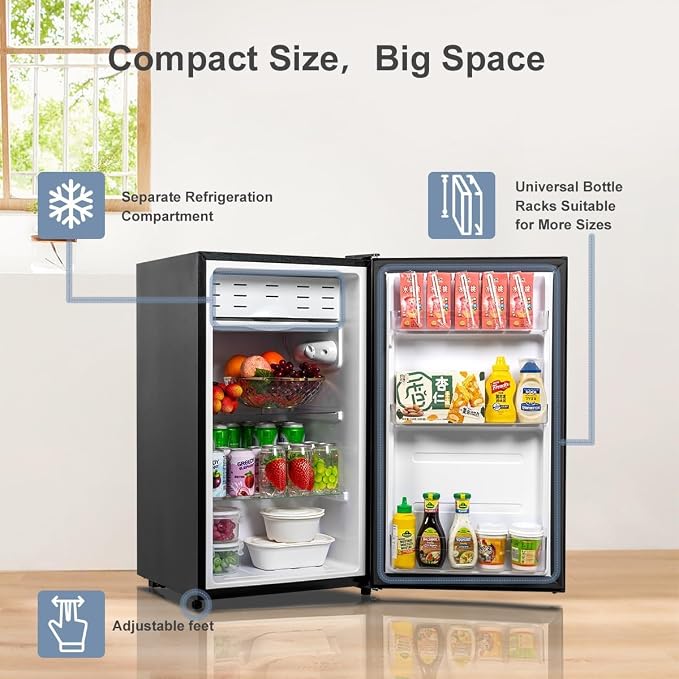 3.2 Cu.Ft Mini Fridge No Freezer, Single Door with 7 Level Adjustable Thermostat, Compact Fridge for Bedroom, Office, Dorm, Apartment