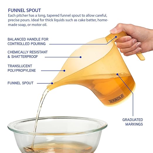 Funnel Pitcher with Spout 4pc Set | 1 Liter Plastic Measuring Pitchers for Cake, Pancake Dispenser, Soap Pouring or Oil Automotive use