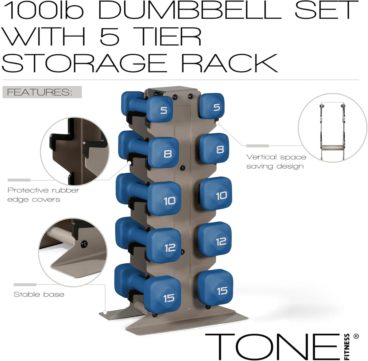Tone Fitness Neoprene Dumbbell Set - Non-Slip, Anti-Roll Hand Weights for Home Gym | 20 lb to 100 lb Options