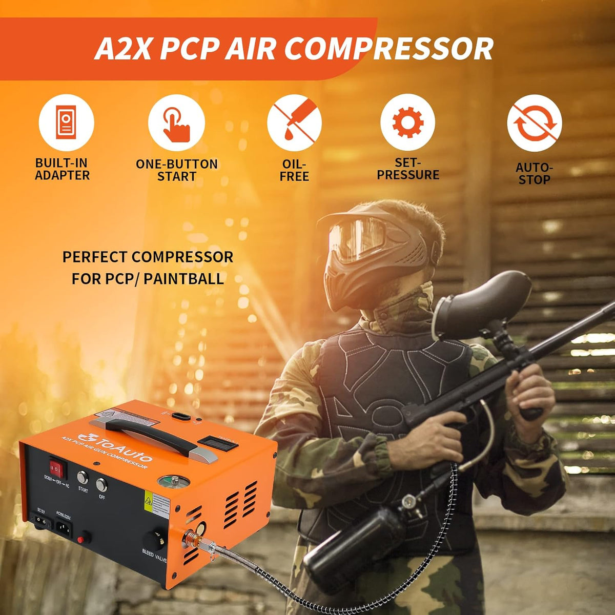 TOAUTO A2X PCP Air Compressor - Portable 4500Psi Auto-Stop Design for Paintball & Scuba Tanks