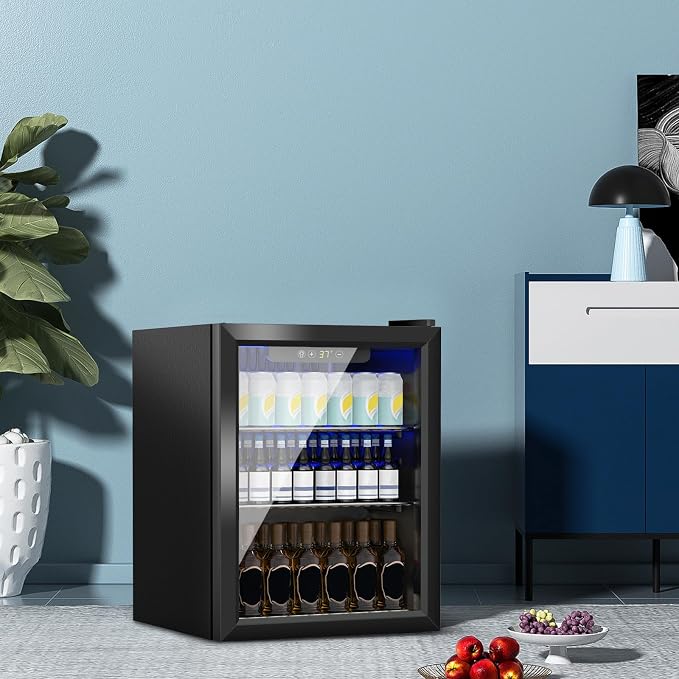Stopasd Compact Beverage Refrigerator, 1.6 Cu.Ft/70 Can Drink Fridge, with Glass Door, Adjustable Shelves & Digital Display, Quiet Undercounter Small Fridge for Home/Office/Bar/Garage, Black