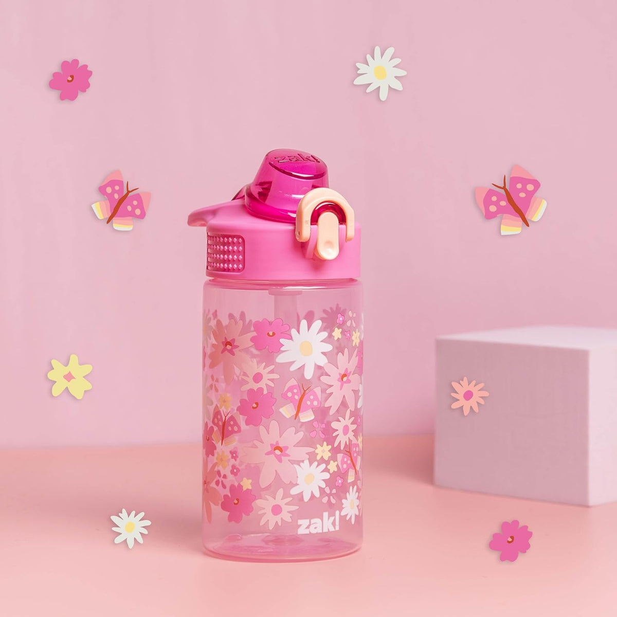 Zak Designs Sage Water Bottle - 16oz Durable Plastic with Straw, Handle & Leak-Proof Cover | Flower Power