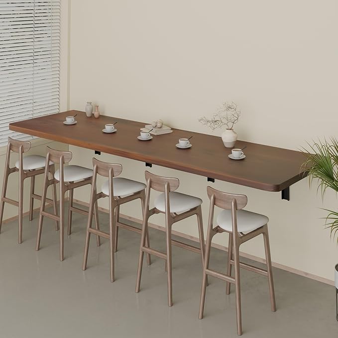 IAE Floating Wall Mounted Folding Table Desk with Pine Wood,72" x 22" Foldable Workbench,Fold Down Wall Mounted Foldable Desk with Shelf Brackets,Laundry Folding Table for Home,Dining,Kitchen,Brown