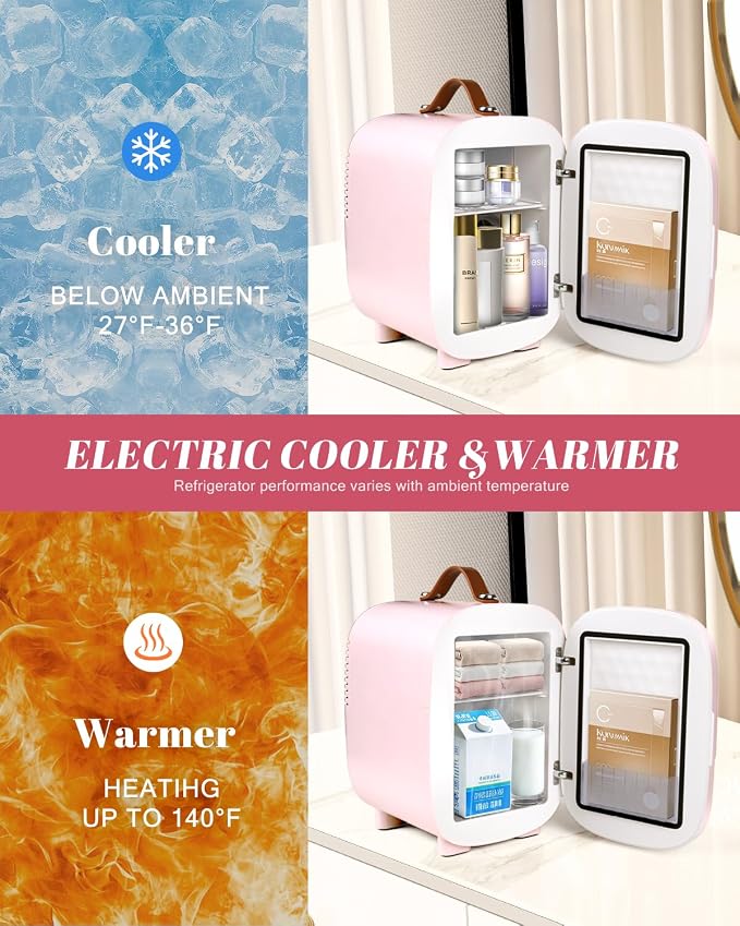 Mini Fridge for Bedroom, 4 Liter/6 Can Skincare Fridge With LED Mirror & Leather Carrying Handle,12v AC/DC Cooler & Warmer Portable Small Refrigerator for Drinks, Makeup, Dorm, Office and Car(Pink)
