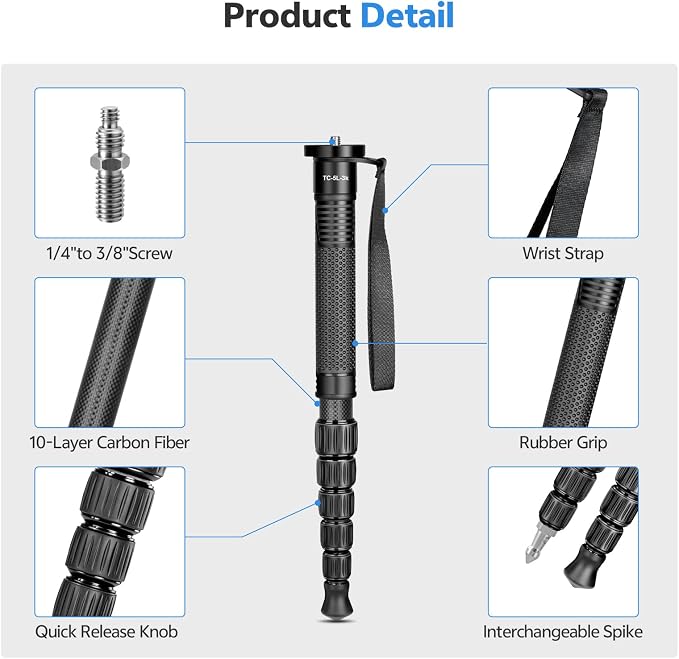 TONYBOO 61" Carbon Fiber Camera Monopod, 28mm 6-Section Height, Portable