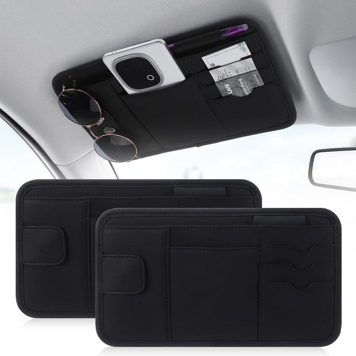 2 Pcs Car Sun Visor Multi-Pocket Organizer, Pu Leather Car Visor Organizer
