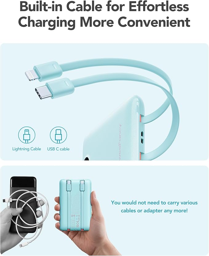 Mini Portable Charger with Built-in Cables 20W Fast Charging Power Bank USB-C Small Battery Pack 10000mAh Travel Essential Slim Battery for iPhone 17/16/15/14, Samsung 25/24, and More