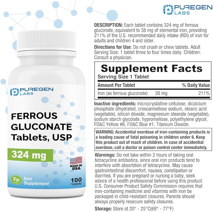 Puregen Labs Ferrous Gluconate 324 mg [High Potency] Iron Supplement, Gentle on Stomach | 2 Pack - 200 Tablets Total